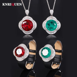 925 Sterling Silver Ruby Emerald Lab Diamond Pendant Necklace Wristband Set for Women