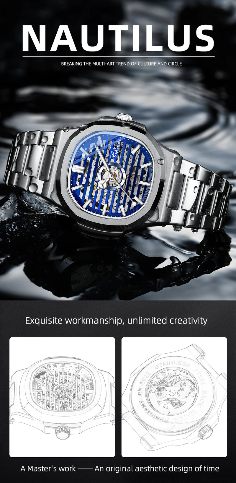 Stainless Steel Automatic Luminous Mechanical Wristwatch for Men