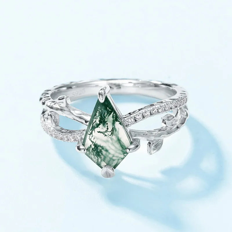 Sterling Silver Green Water Grass Agate Ring for Woman