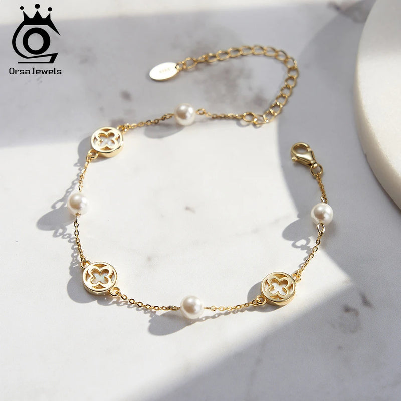 14K Gold 925 Sterling Silver Round Shell Bracelet with Four Leaf Flower Chain