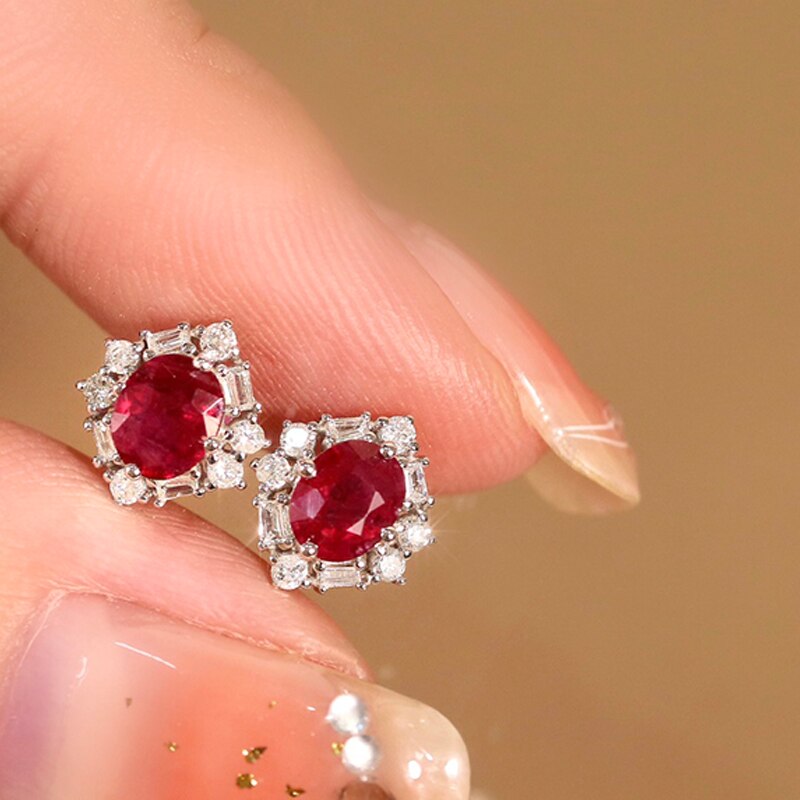 18K White Gold Ruby and Diamond Flower Earrings for Women