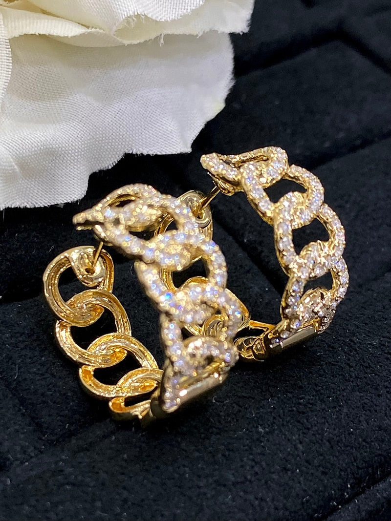 18K Yellow Gold Diamond Cuban Chain Earrings for Women