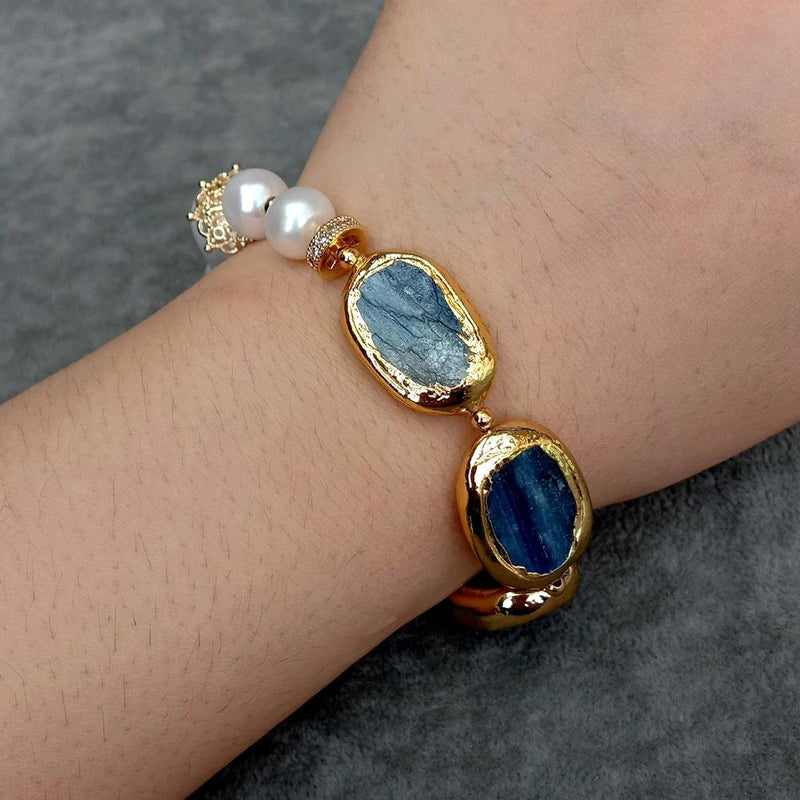 Y.YING Freshwater Cultured White Keshi Pearl Natural Blue Kyanite Bracelet Fashion Fine Handmade Jewelry For Gift