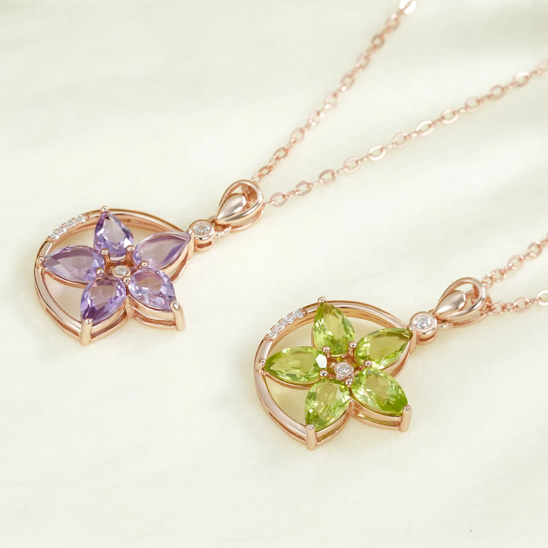 Rose Gold Plated 925 Sterling Silver Green Purple Garnet Flower Pendant Necklace for Women