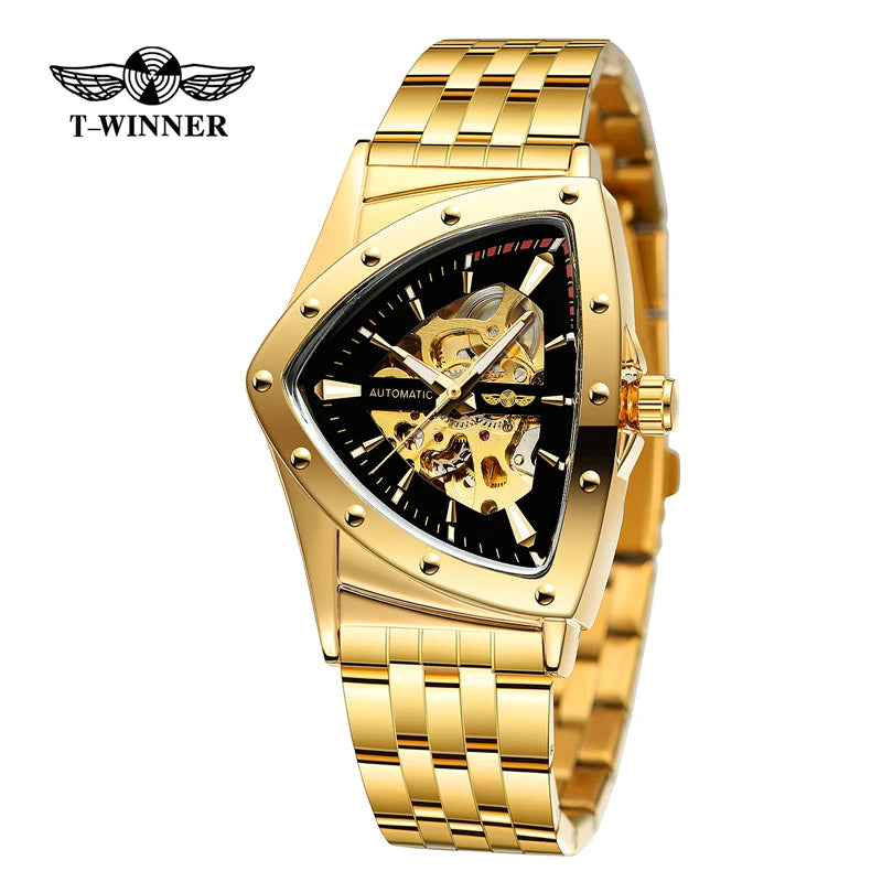 Golden Stainless Steel Skeleton Wrist Watch for Men