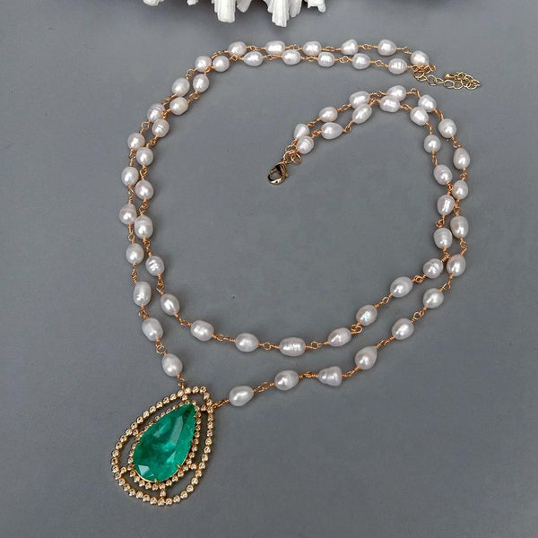 Y.YING Freshwater White Rice Pearl Rosary Chain Necklace Green Quartz Teardrop Cz Pave Pendant