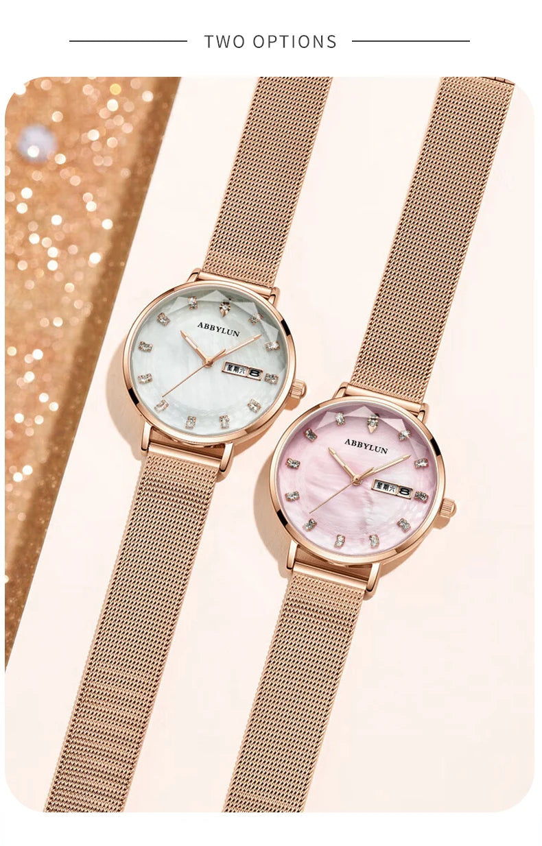 Stainless Steel Quartz Waterproof Luminous Week Calendar Watch for Women