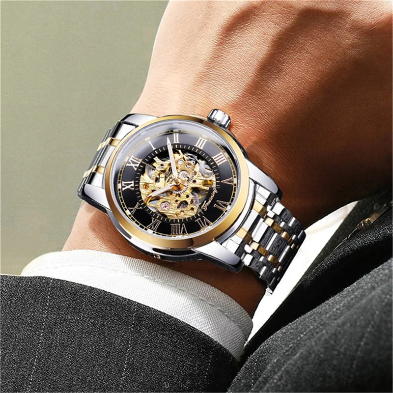 Stainless Steel Mechanical Skeleton Wristwatch for Men