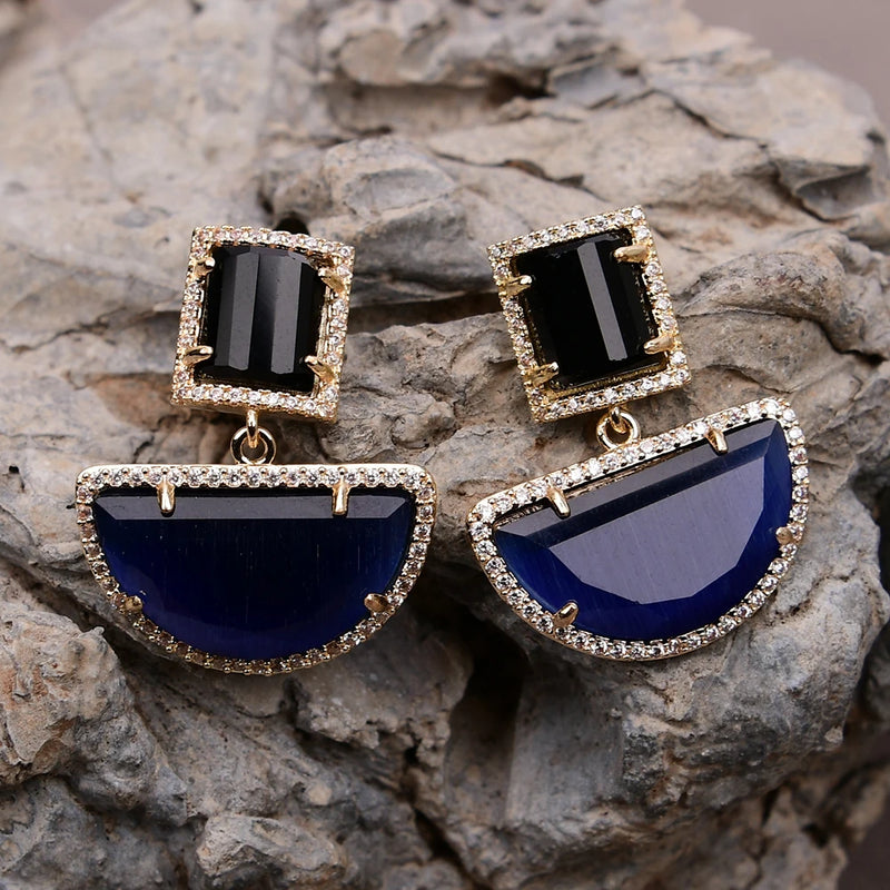 Gold Plated Black Blue Cat Eye Dangle Stud Earrings with CZ Stones for Women