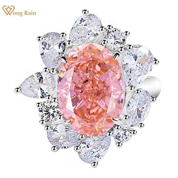 Wong Rain Luxury 925 Sterling Silver 10*14 MM Oval Created Padparadscha Citrine Gems Wedding Engagement Ring for Women Jewelry