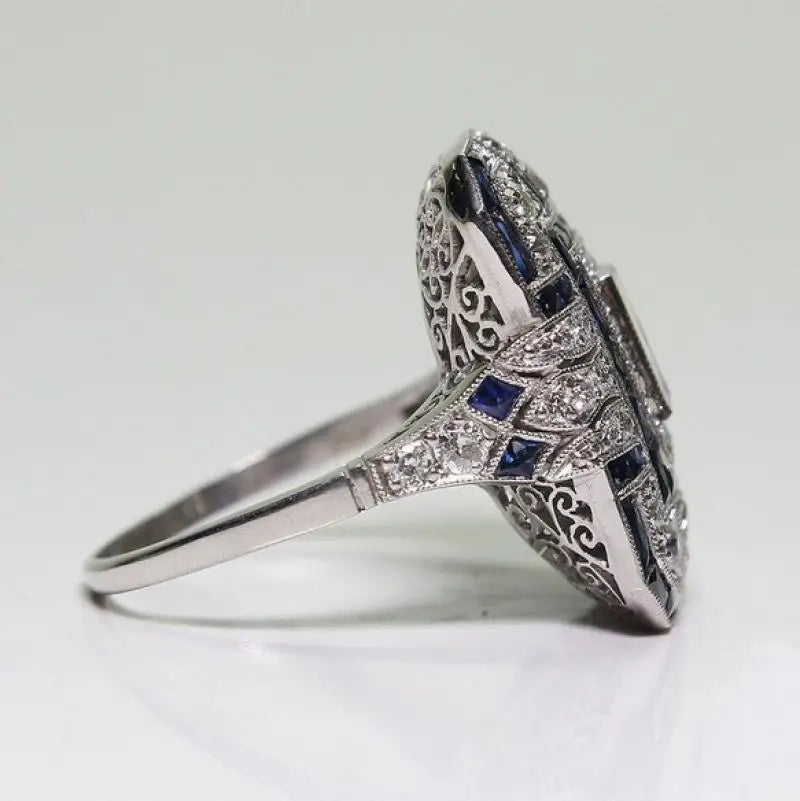 925 Sterling Silver Natural Zircon & Sapphire Crystals Square Ring for Couple