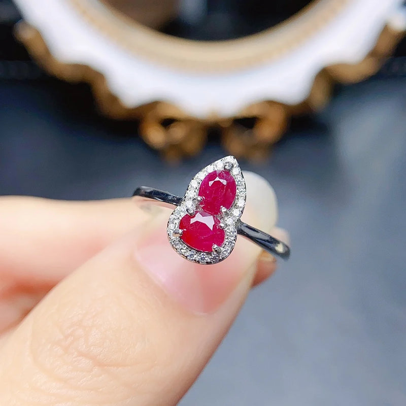 Sterling Silver Natural Ruby Gourd Shaped Ring for Women