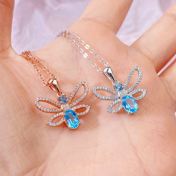 925 Sterling Silver Bee Pendant Necklace with Swiss Blue Topaz and Cubic Zircon for Women