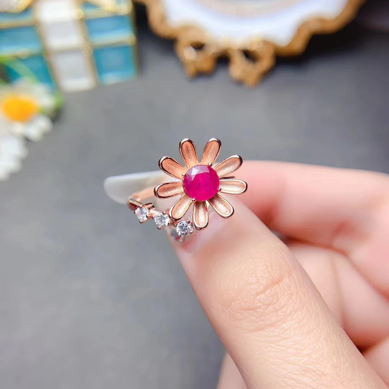 925 Sterling Silver Natural Ruby Flower Ring for Women