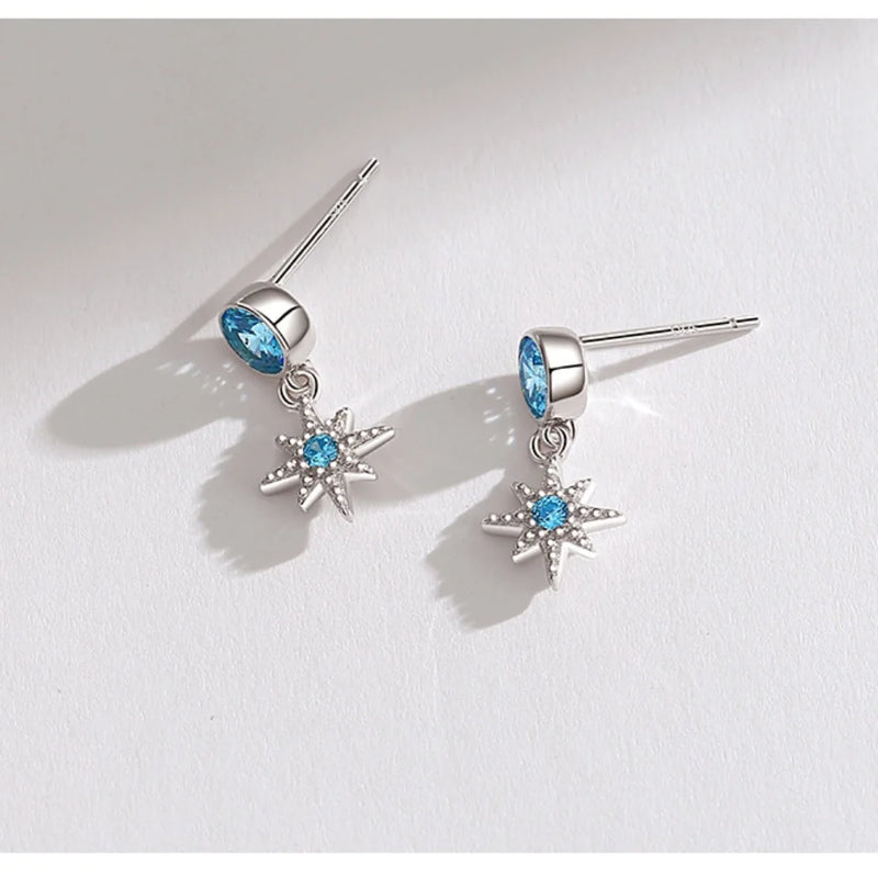 Sterling Silver Sea Blue Gemstone Octet Dangle Earrings for Women