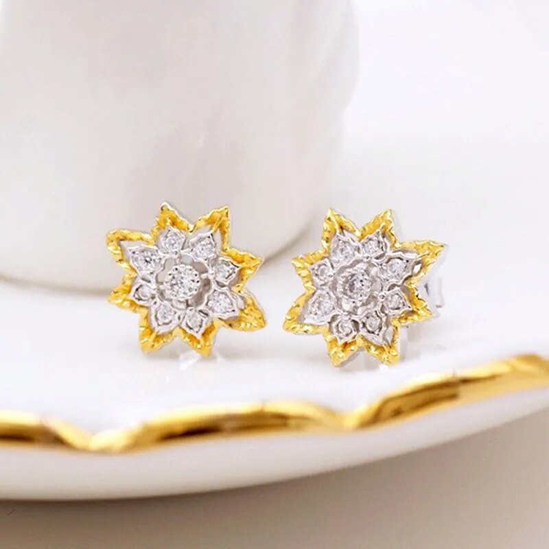 925 Sterling Silver Gold Plated Snowflake Zircon Stud Earrings for Women