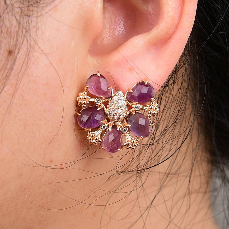 Gold Plated Amethyst Quartz Facetted Zircon Stud Earrings for Women