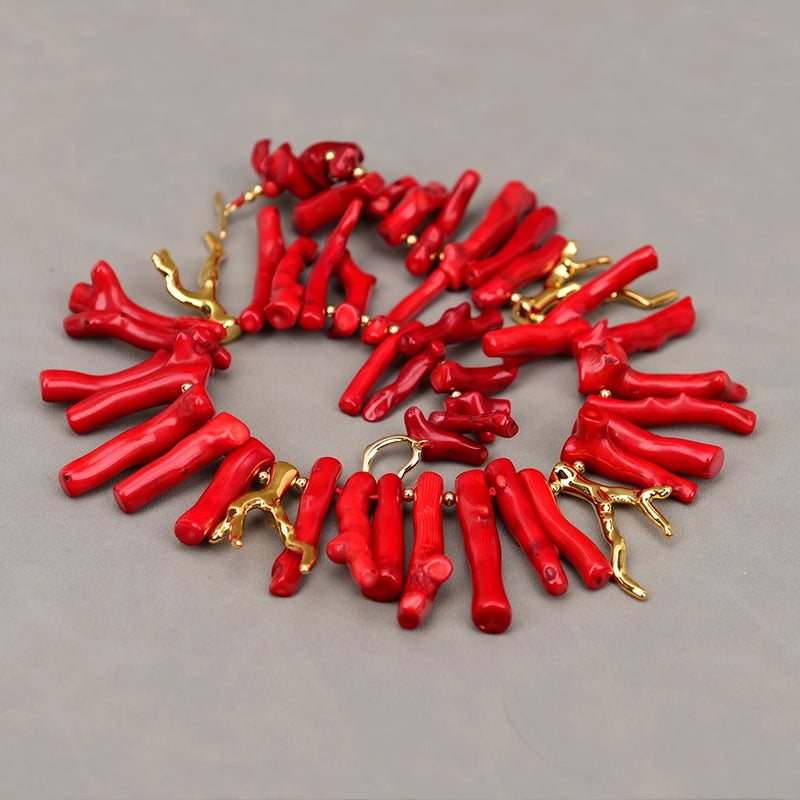 Gold Filled Natural Red Coral Branch Pendant Necklace for Women