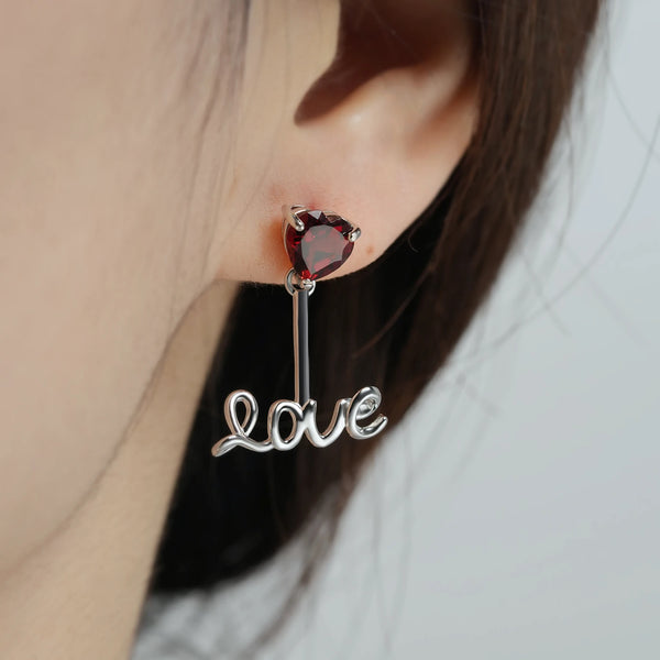 925 Sterling Silver Red Garnet Love Letter Drop Earrings for Women