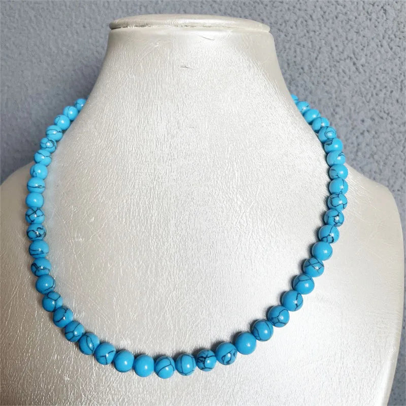 Silver 8mm Blue Turquoise Necklace with Black Lines for Female