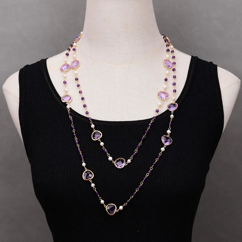 Silver Amethyst and Crystal Necklace for Women