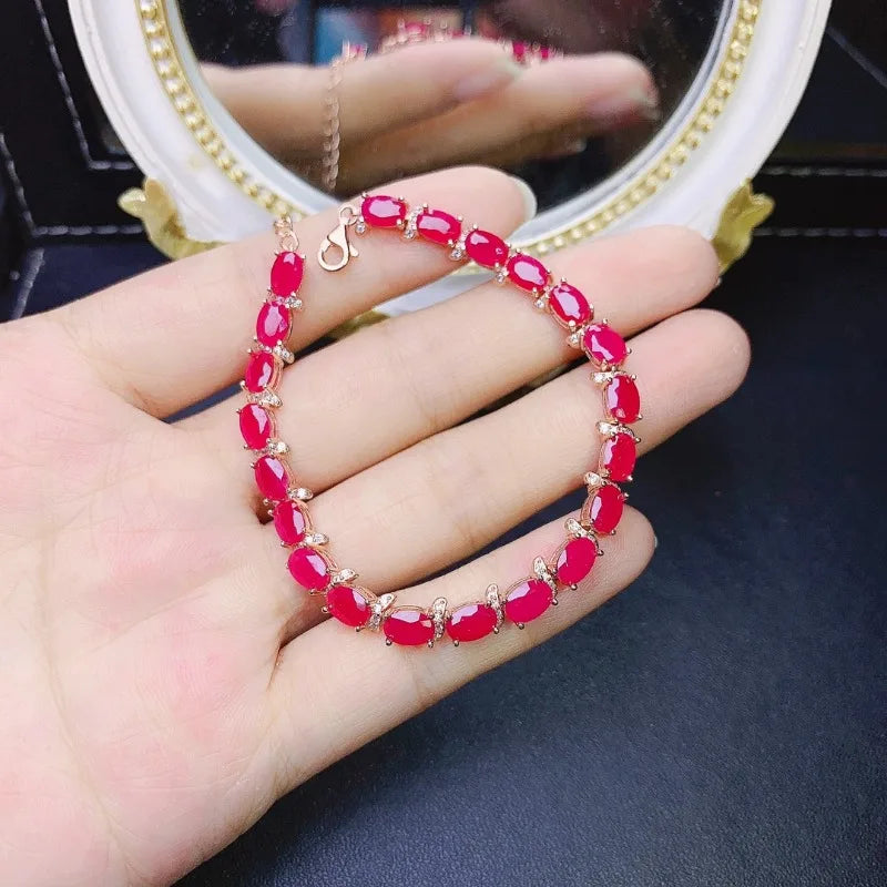 925 Sterling Silver Natural Ruby Inlaid Bangle Bracelet with Charms for Women