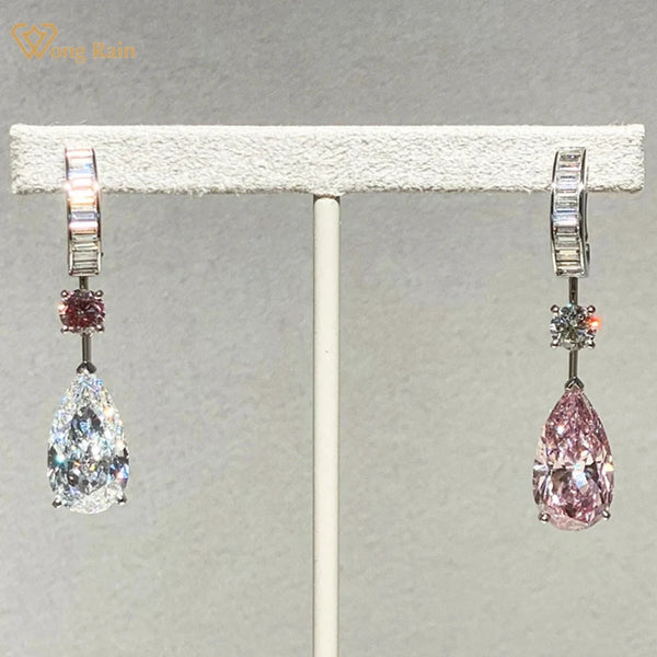 Wong Rain Classic 925 Sterling Silver Pear Cut Lab Sapphire High Carbon Diamond Gemstone Water Drop Dangle Earrings Jewelry