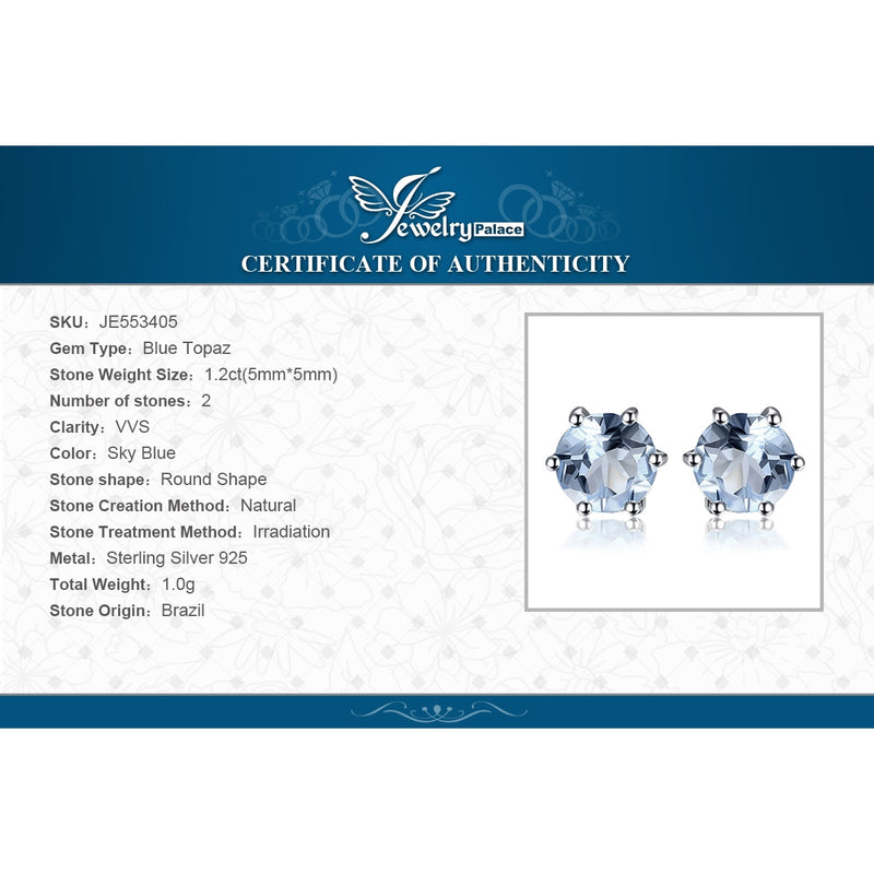 925 Sterling Silver Round 1.20ct Blue Topaz Stud Earrings for Women