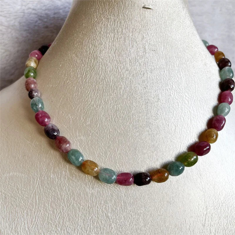 Sterling Silver Natural Stone Nugget Tourmaline Jade Necklace Pink Yellow Green Brown for Women