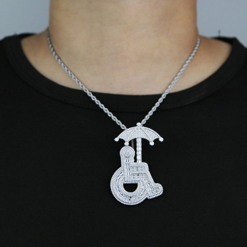 Sterling Silver Iced Out Wheelchair Handicap Sign Pendant with Cubic Zircon, Protective Umbrella Charm for Men & Women