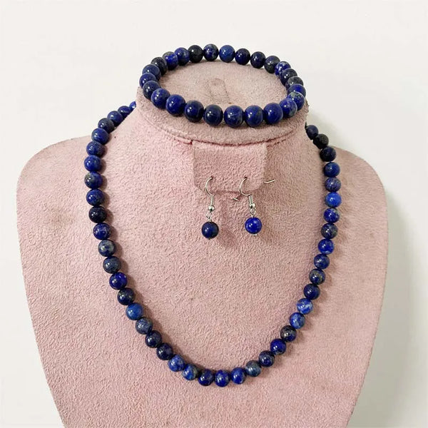 Sterling Silver Lapis Lazuli Jewelry Set Necklace Earrings Bracelet Chain Choker for Women