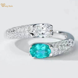 925 Sterling Silver Sparkling Oval Cut Paraiba Tourmaline High Carbon Diamond Gems Open Ring for Women