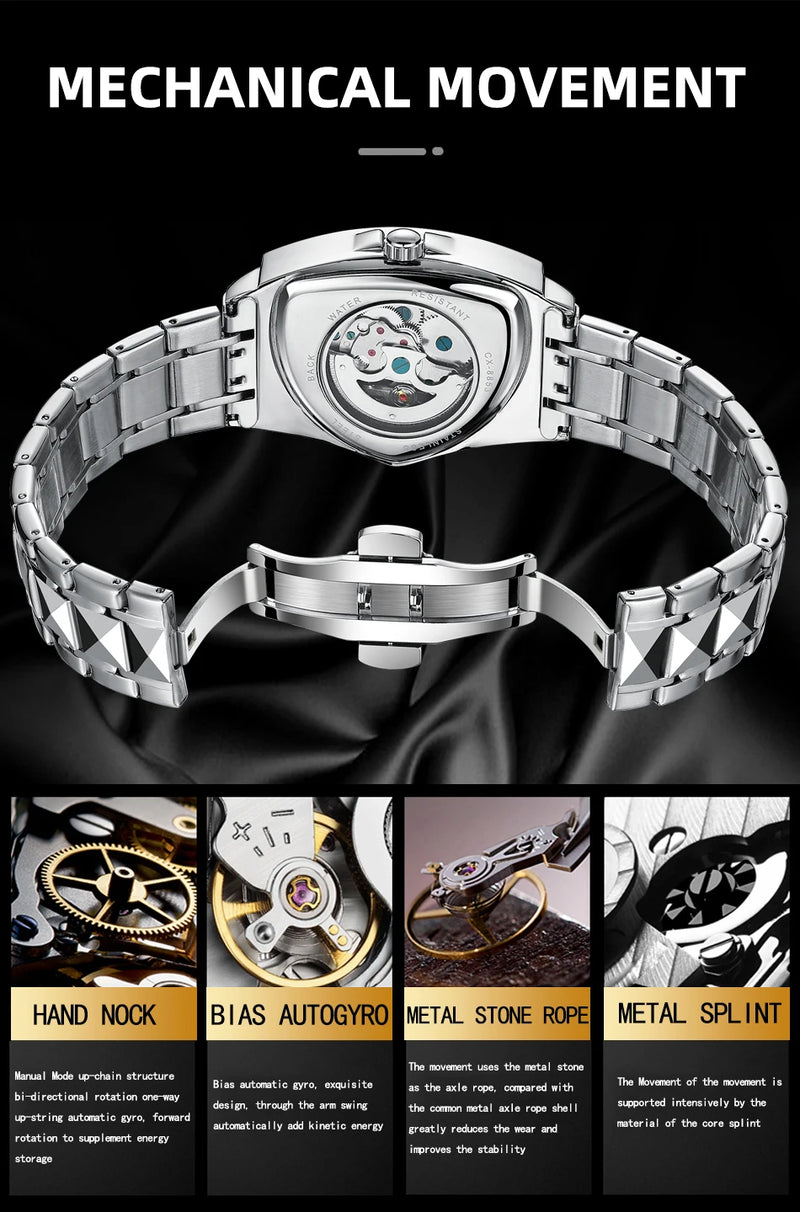 Stainless Steel Automatic Triangle Mechanical Luminous Waterproof Watch for Men