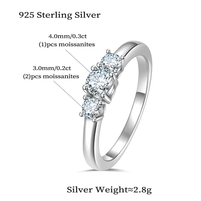 sterling silver three stone moissanite engagement ring for women