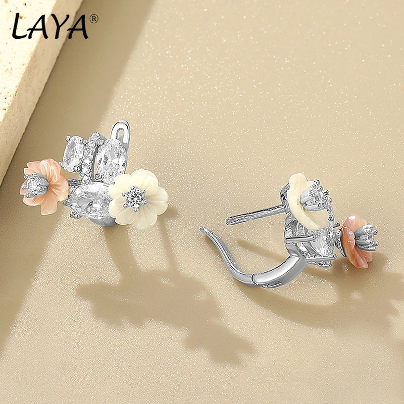 Sterling Silver White Pink Flower Zircon Earrings for Women