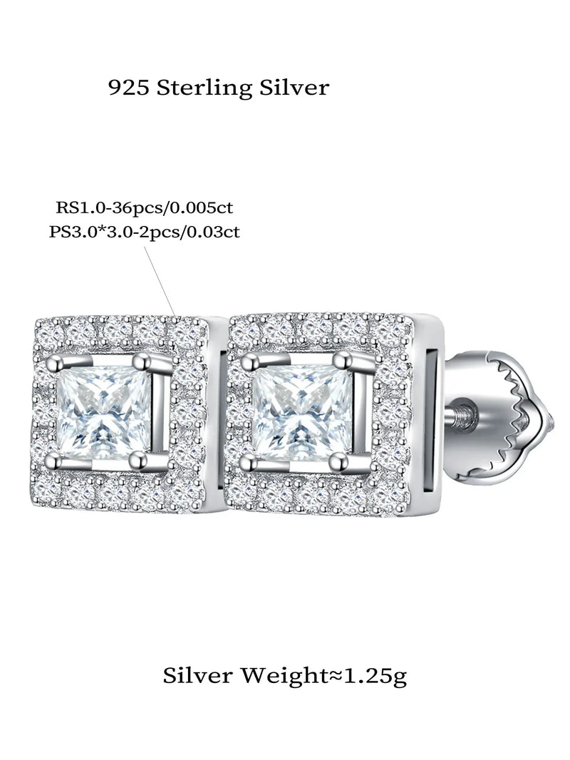 925 Sterling Silver Princess Cut Moissanite Stud Earrings for Women