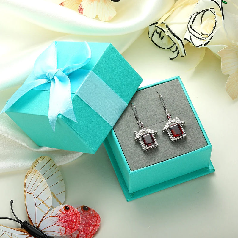 Rhodium Plated Natural Garnet Drop Earrings for Women