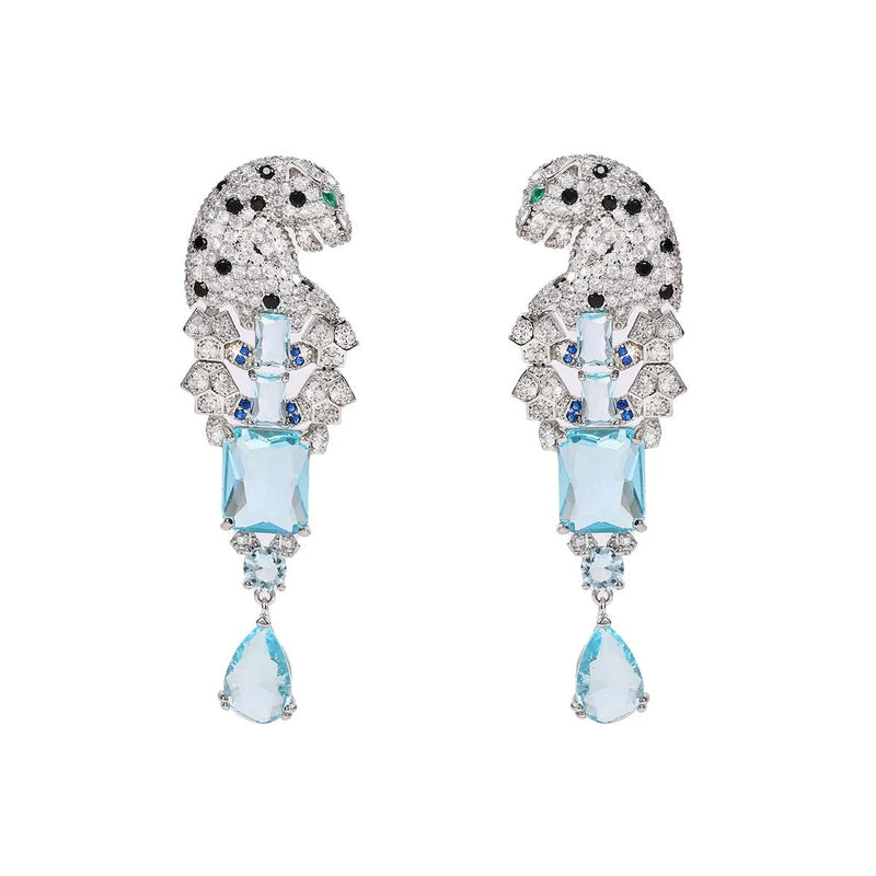 925 Silver Sea Blue CZ Leopard Dangle Earrings for Women