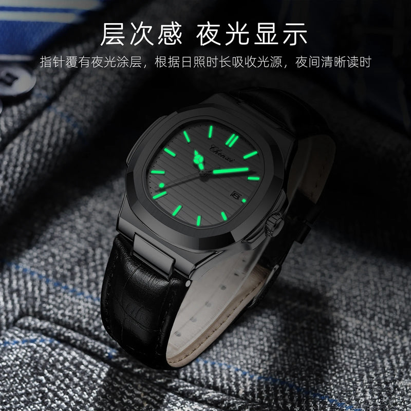 Stainless Steel Leather Luxury Transparent Quartz Watch with Date and Luminous Hands for Men