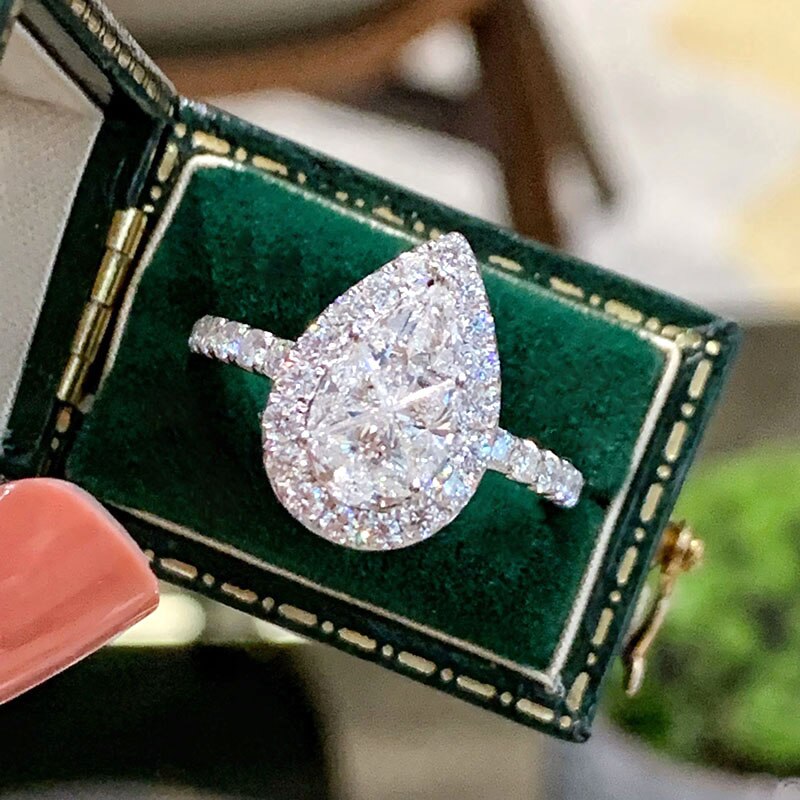 18K White Gold Real Natural Diamond Pyriform Ring for Women