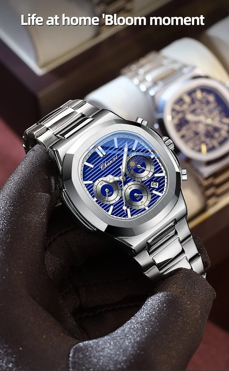 Stainless Steel Watch with Date, Chronograph, and Luminous for Men