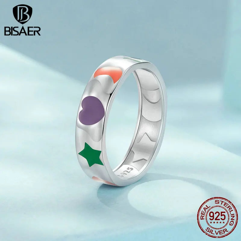 925 Sterling Silver Rainbow Enamel Wide Ring for Women