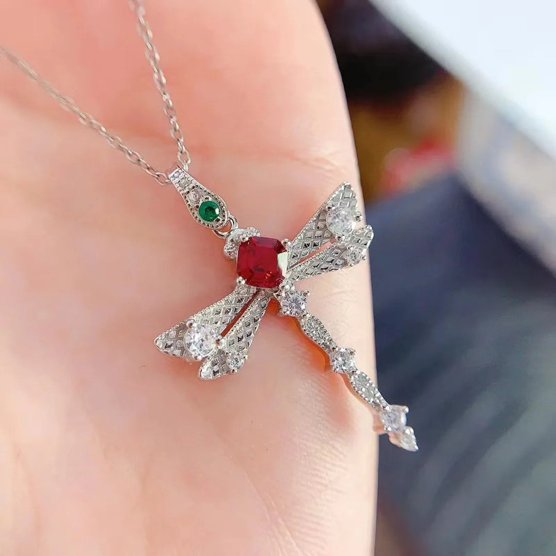 Sterling Silver 5mm Ruby Dragonfly Pendant Necklace for Women