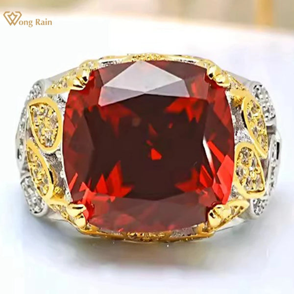Wong Rain Vintage 925 Sterling Silver 8MM Ruby Emerald Sapphire High Carbon Diamond Gemstone Cocktail Party Ring Jewelry