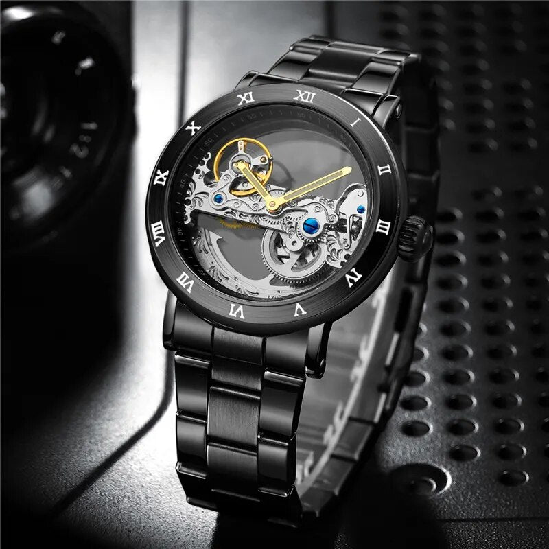 Stainless Steel Leather Transparent Skeleton Mechanical Watch with Luminous Hands for Men