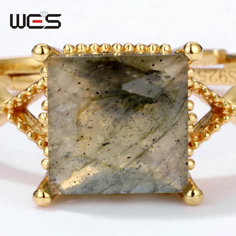 925 Sterling Silver Labradorite Adjustable Gold Plated Geometric Rings for Women