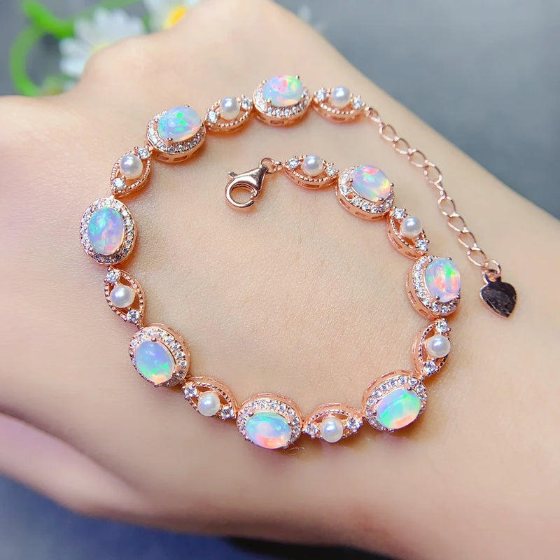 S925 Silver Natural Opal Bracelet, Simple Retro, for Women