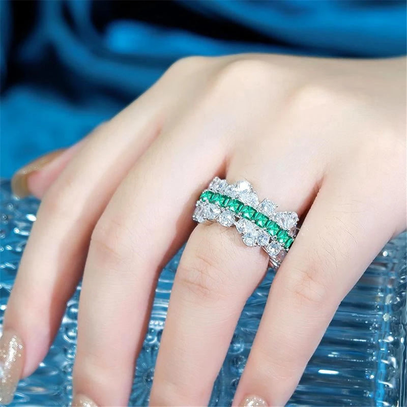 Sterling Silver Emerald High Carbon Diamond Gemstone Ring for Women