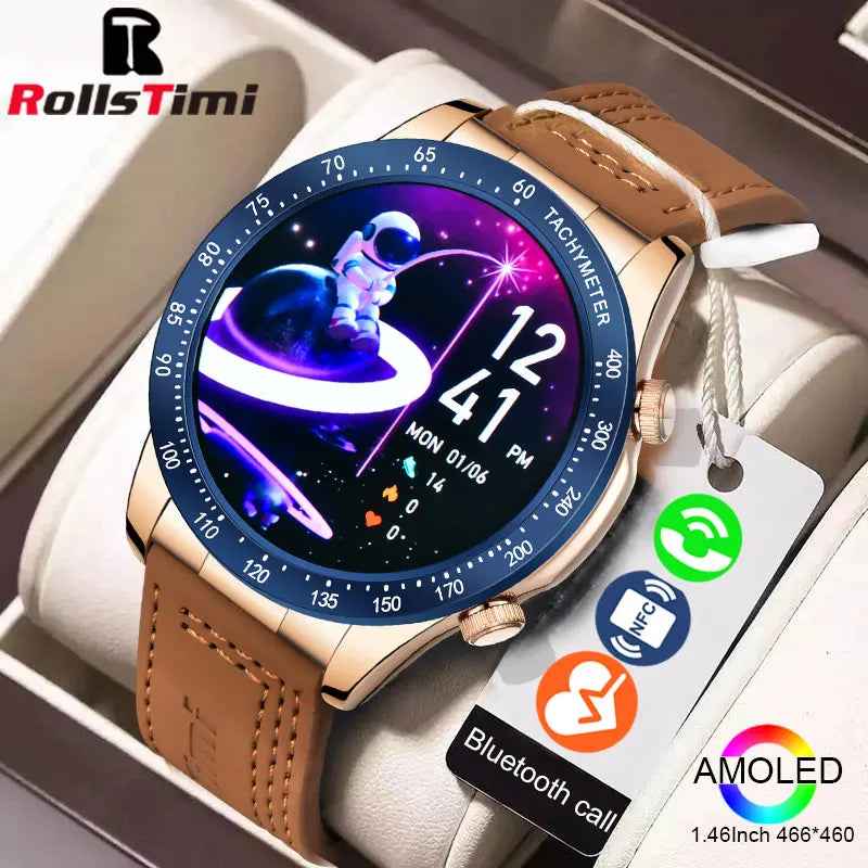 Gold Smart Watch with NFC AMOLED HD Screen Heart Rate Monitor and Bluetooth Call for Men & Women