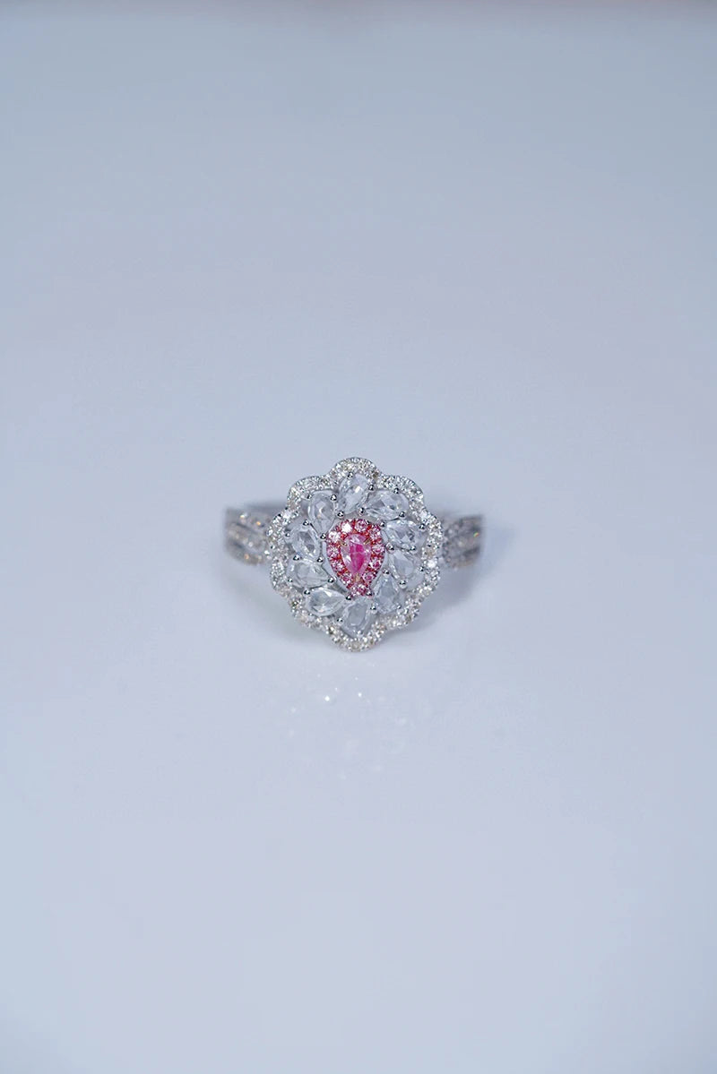 18K White Gold Natural Pink Diamond Flower Engagement Ring for Women